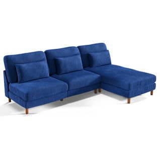 Canapé D'angle 3 Places + Chaise Longue En Velours Côtelé Bleu,pieds En Noyer