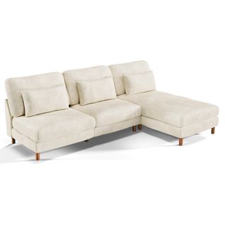 Canapé Scandinave 3 Places + Chaise Longue En Velours Côtelé Beige,256cm X 94cm X 88cm