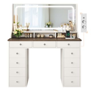 Coiffeuse Élégante 11 Tiroirs Grand Miroir 110cm Avec Prise-support Table De Maquillage LED Marron