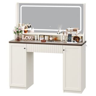 Coiffeuse Élégante Moderne 1tiroir Grand LED Miroir Avec Prise-support Table Maquillage Blanc Marron