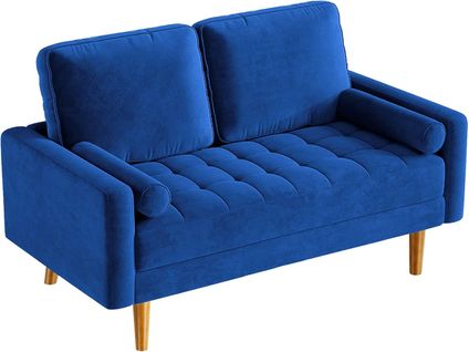 Canapé Droit 2 Places En Velours, Avec Accoudoirs,148l X 78l X 85h Cm, Bleu