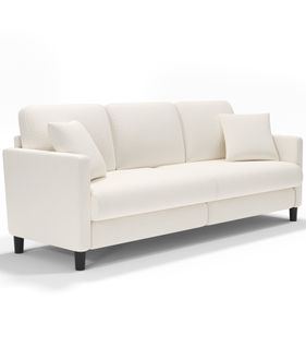 Canapé 3 Places En Velours Teddy, Bois Massif, Avec Accoudoirs,210 X 79 X 89 Cm, Beige