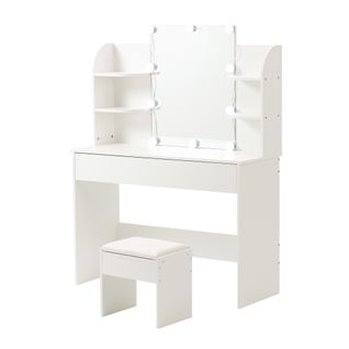 Coiffeuse Avec Miroir Et Tabouret 105x40x130cm LED Tricolores 6 Etagères Table De Maquillage Blanc