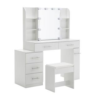 Coiffeuse Avec Miroir-tabouret 100x40x136cm Tricolores 5 Tiroirs 6 Etagères Table Maquillage Blanc