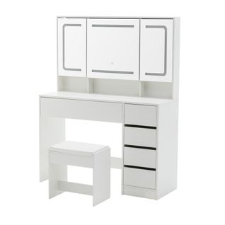 Coiffeuse Miroir-tabouret 110x40x140cm LED 5 Tiroirs Miroir Caché Table De Maquillage Moderne Blanc