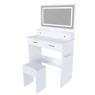 Coiffeuse Miroir-tabouret LED 4 Tiroir H137cm Table Maquillage Avec Prise-support Sèche-cheveux