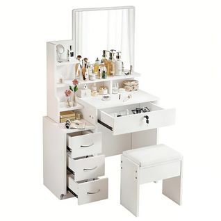 Coiffeuse Moderne Avec Miroir Table De Maquillage 4 Tiroirs 1 Tabouret 4 Etagères 87x40x144cm Blanc