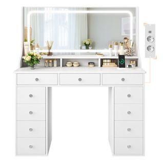 Coiffeuse Élégante 11 Tiroirs Grand Miroir 110cm Avec Prise-support Table De Maquillage LED Blanc