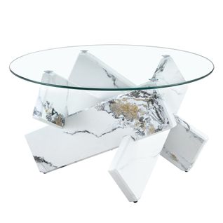 Table Basse Table Ronde En Verre Trempé 79x79x45cm Design Moderne En Bois Croisé Blanc