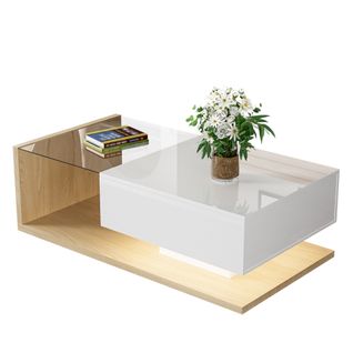 Table Basse Moderne LED 1 Tiroir Bois Brillant En Verre 105cm Compartiment Rangement