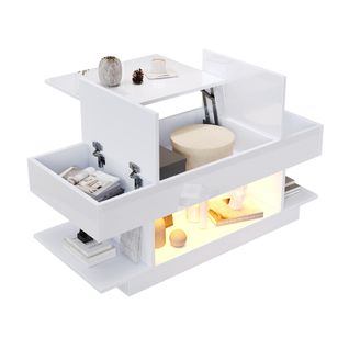 Table Basse Salon 98x45x40cm Plateau Réglable Hauteur LED 2 Compartiments Rangement Blanc Brillant