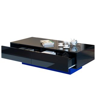 Table Basse Salon LED 2 Tiroirs 110x55x34cm - Noir Brillant