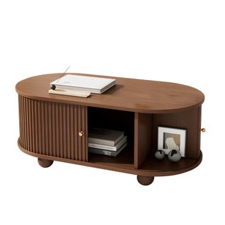 Table Basse 100cm - Porte Coulissante 360° - Ovale Moderne Noyer
