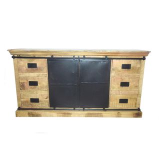 Buffet 2 Portes Coulissantes 6 Tiroirs Dehli Manguier Et Métal