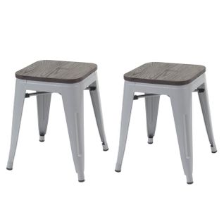 Lot De 2 Tabourets Bas Assise En Bois Empilable En Métal Design Industriel En Métal Gris 04_000050