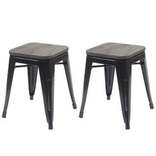 Lot De 2 Tabourets Assise En Bois Empilable Design Industriel En Métal Noir 04_0005215