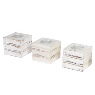 Lot De 3 Photophores En Bois Vintage Blanc Bougies Non Inclus 04_0003003