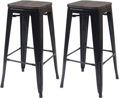 Lot De 2 Tabourets De Bar Style Industriel Factory En Métal Noir Assise En Bois Tdb04046