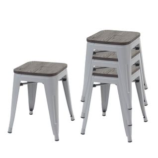 Lot De 4 Tabourets Bas Design Industriel Empilables Assise En Bois En Métal Gris 04_0005230