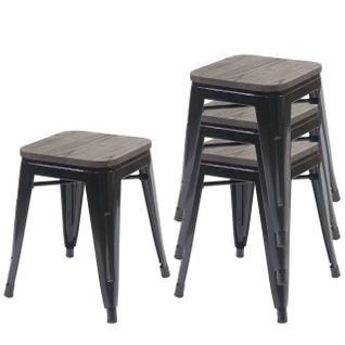 Set De 4 Tabourets Bas Assise En Bois Cadre En Métal Noir Design Industriel Empilable 04_0005231