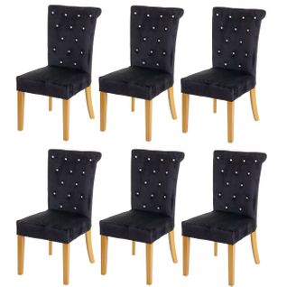 Lot De 6 Chaises à Manger En Velours Noir Avec Décoration Bouton Cristal Pieds Bois Clairs 04_0000