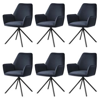 Lot De 6 Chaises De Salle à Manger Rotative Avec Accoudoirs En Velours Bleu Anthracite Cadre Trépi