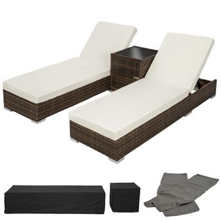 Lot De Deux Chaises Longue Bain De Soleil En Résine Tressé Poly Rotin + Table + Deux