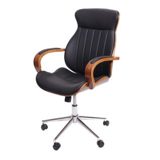 Fauteuil De Bureau Pivotante En Synthétique Noir Dossier Bois Aspect Noyer Rotatif à 360° 04_00018