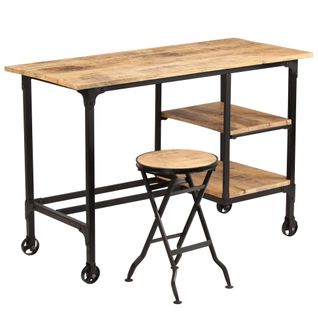 Bureau Table Poste De Travail Meuble D'ordinateur Informatique Étude Avec Tabouret Pliant Bois