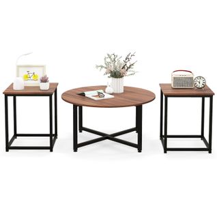 Lot De 3 Tables Basses Ronde 80 X 42 Cm Et Carrées 40 X 40 X 50 Cm Surface Spacieuse