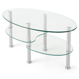 Table Basse Ovale 89 X 49,5 X 45 Cm Avec 3 Étagères De Rangement Style Moderne En Verre