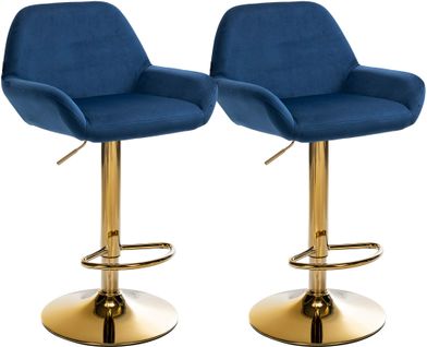 Lot De 2 Tabourets De Bar Repose-pieds Intégré Revêtement Velours Bleu Structure En Métal Doré Tdb