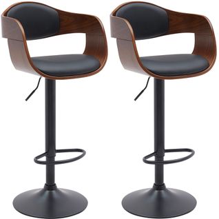 Set De 2 Tabourets De Bar Chaises Hautes Pieds Trompette En Métal Noir Assise En Bois Marron