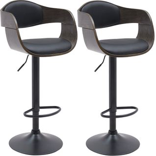 Set De 2 Tabourets De Bar Chaises Hautes Pieds Trompette En Métal Noir Assise En Bois Gris