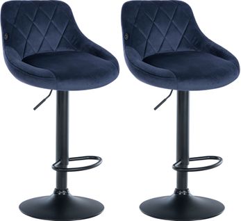 Set De 2 Tabourets De Bar Coutures Décoratives Losanges Assise En Velours Bleu Et Cadre En Métal