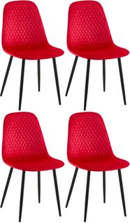 Lot De 4 Chaises De Salle à Manger Coutures Décoratives Losanges Assise En Velours Rouge Pieds Mét