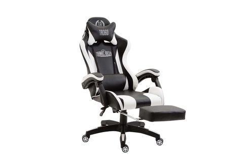 Fauteuil De Bureau Repose-pieds Télescopique Design Sportif Gamer En Pvc Noir / Blanc Et Plastique