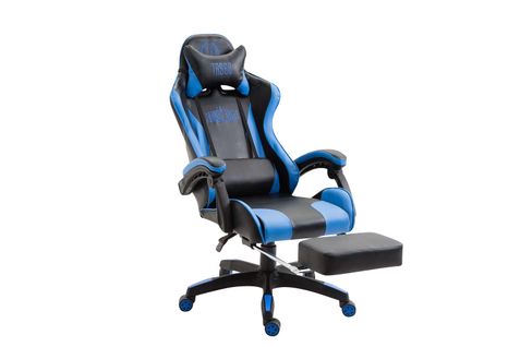 Fauteuil De Bureau Repose-pieds Télescopique Design Sportif Gamer En Pvc Noir / Bleu Et Plastique