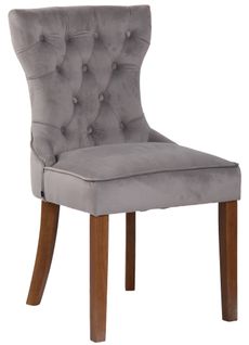 Chaise De Salle à Manger X 1 Style Chesterfield Dossier Capitonné En Velours Gris Et Pieds En Bois