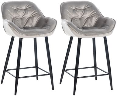 Lot De 2 Tabourets De Bar Chaises Hautes Assise Effet Capitonnée En Velours Gris Et Métal Noir 10_