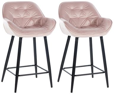 Lot De 2 Tabourets De Bar Chaises Hautes Assise Effet Capitonnée En Velours Rose Et Métal Noir 10_