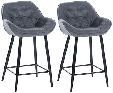 Lot De 2 Tabourets De Bar Chaises Hautes Assise Effet Capitonnée En Tissu Gris Et Métal Noir 10_00