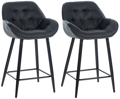 Lot De 2 Tabourets De Bar Chaises Hautes Assise Effet Capitonnée En Tissu Gris Foncé Et Métal Noir