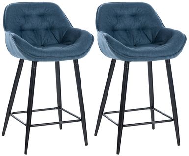 Lot De 2 Tabourets De Bar Chaises Hautes Assise Effet Capitonnée En Tissu Bleu Et Métal Noir 10_00
