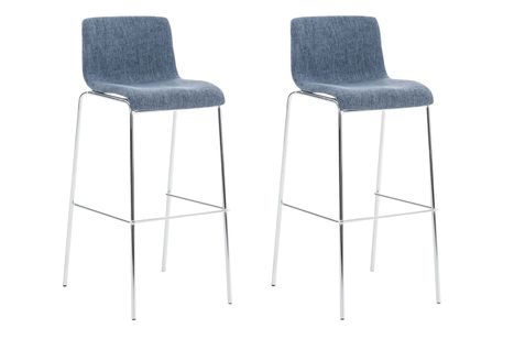 Lot De 2 Tabourets De Bar Avec Repose-pieds Dossier Incurvé En Tissu Bleu Et 4 Pieds En Métal