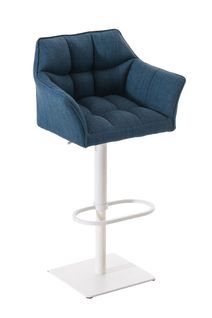 Tabouret De Bar Chaise Haute De Comptoir Couture Carrées Assise En Tissu Bleu Cadre En Métal Blanc