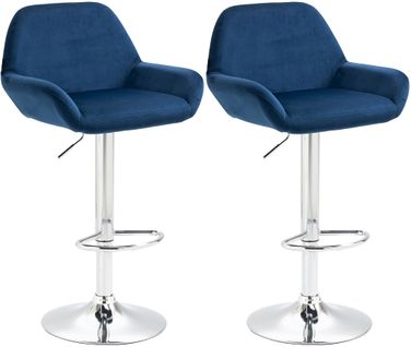 Lot De 2 Tabourets De Bar Repose-pieds En Forme D'arc En Métal Chromé Assise En Velours Bleu Tdb10