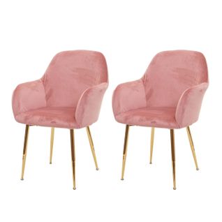 Lot De 2 Chaises De Salle à Manger Design Rétro En Tissu Velours Rose Pieds Métal Dorés 04_0000379
