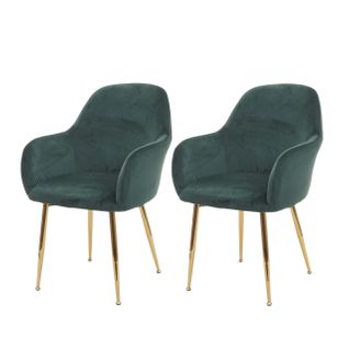 Lot De 2 Chaises De Salle à Manger Design Rétro En Tissu Velours Vert Pieds Métal Dorés 04_0000381