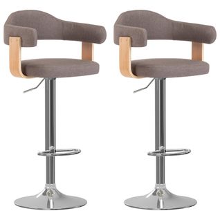 Lot De 2 Tabourets De Bar Chaises Hautes Design Rétro En Bois Courbé Tissu Taupe Et Fer Dec029874